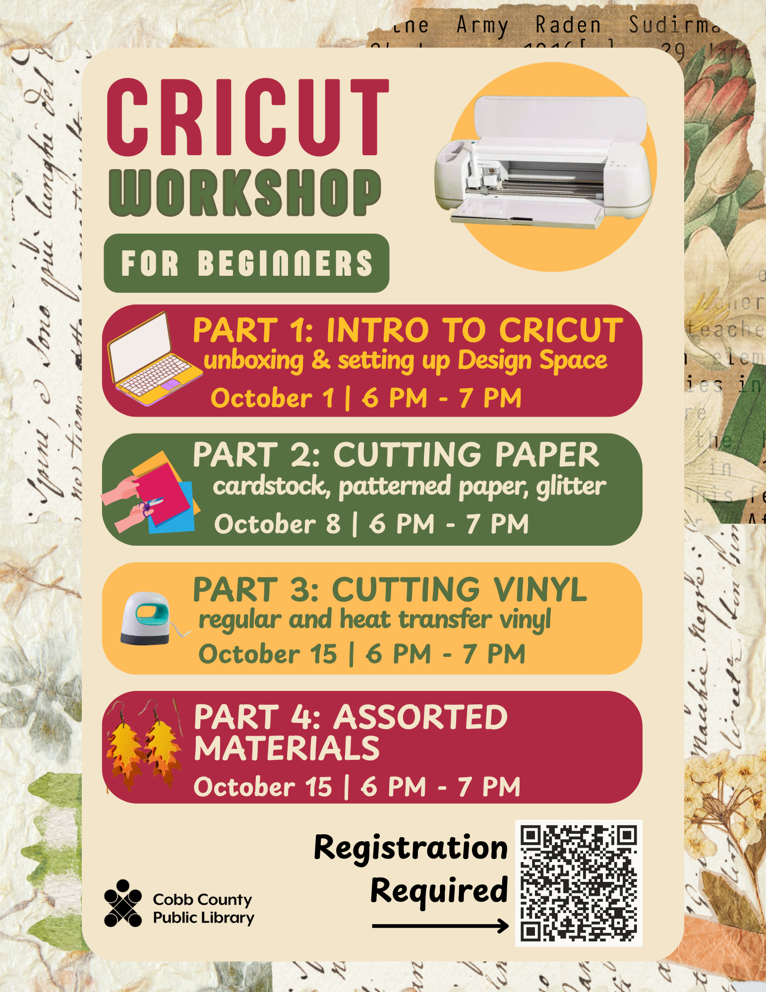 Cricut workshop series at north cobb library for ages 14 and older. 