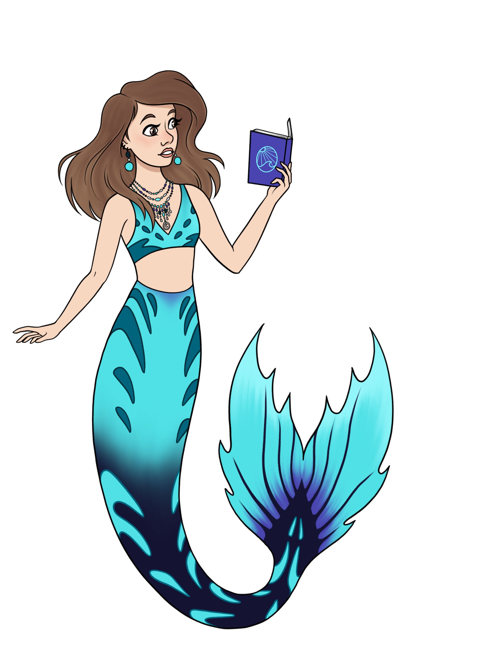 Blue mermaid reading a book