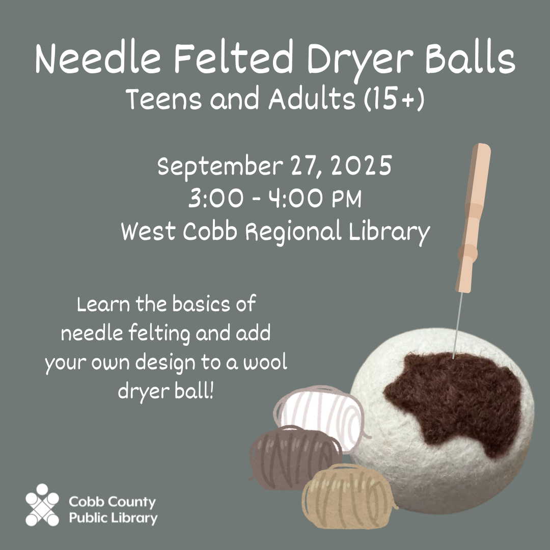 Photo of a pig shape needle felted onto a dryer ball. A cartoon needle and some cartoon thread sit around it.