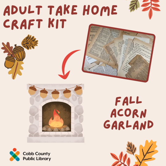 poster of book pages and a fall acorn garland attached to a fireplace