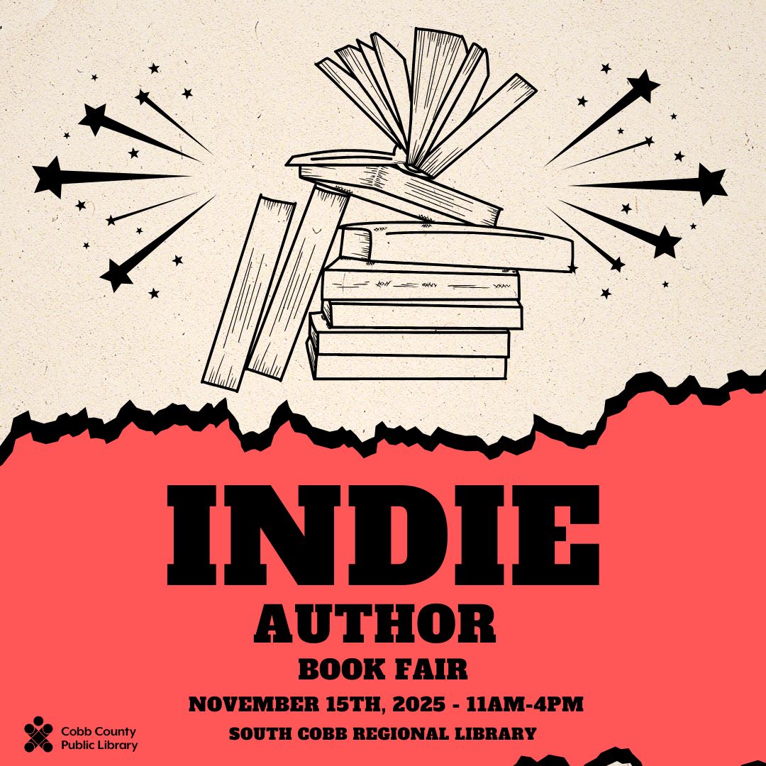 Sketch of books and stars on a half beige and red background with the text "Indie Author Book Fair."