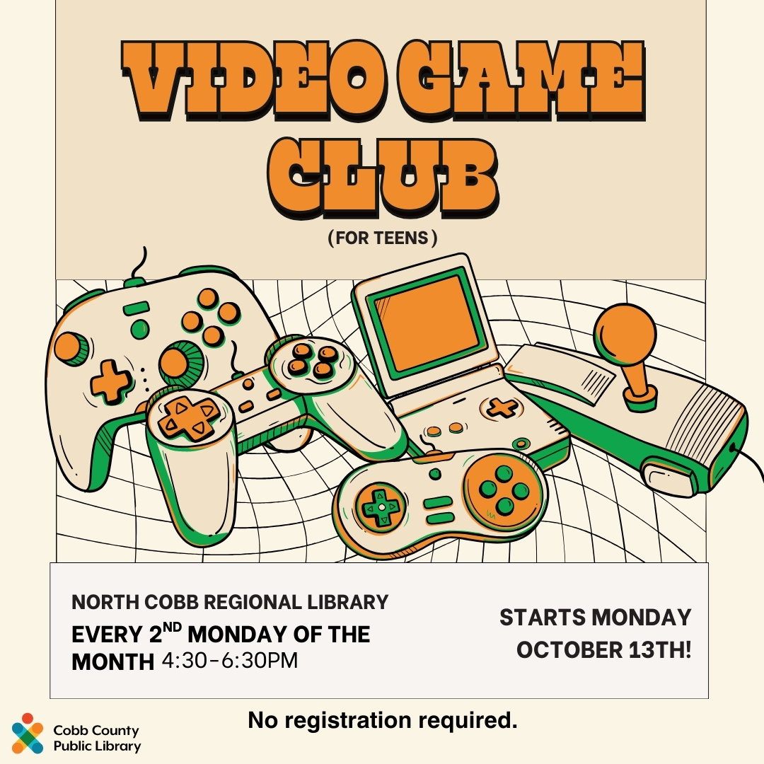 Image with various gaming controllers and systems, reads 'Video Game Club'