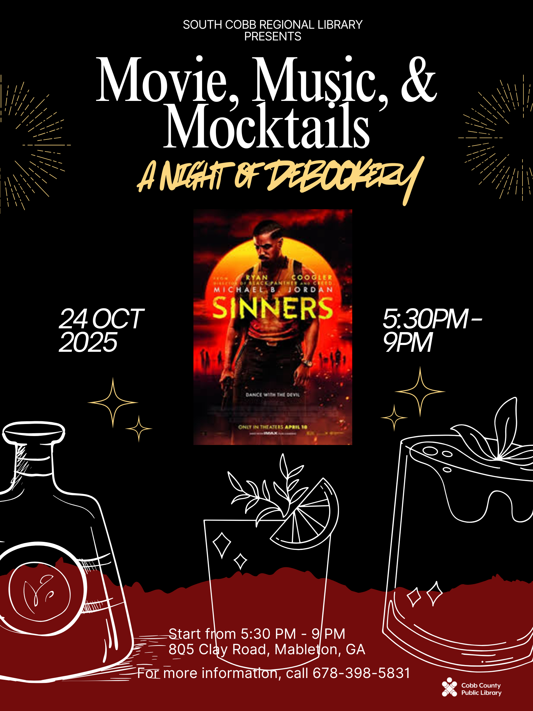 Movie poster for the movie Sinners on a black background floating above a burgundy landscape with transparent alcohol bottles sitting on the landscape.