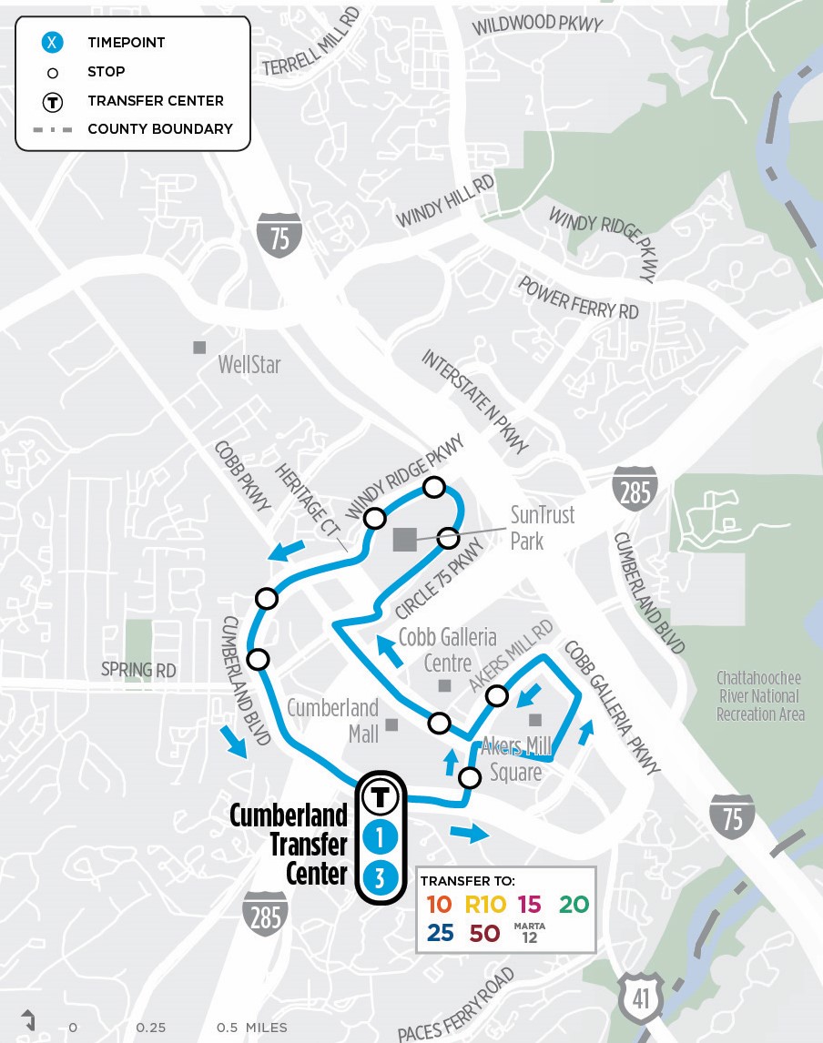 map of the Blue Circulator route in the Cumberland area - updated 10/25