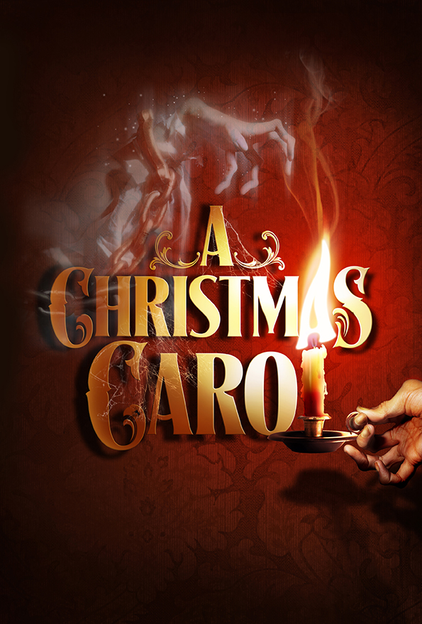 A Christmas Carol logo with a hand holding a lit candle