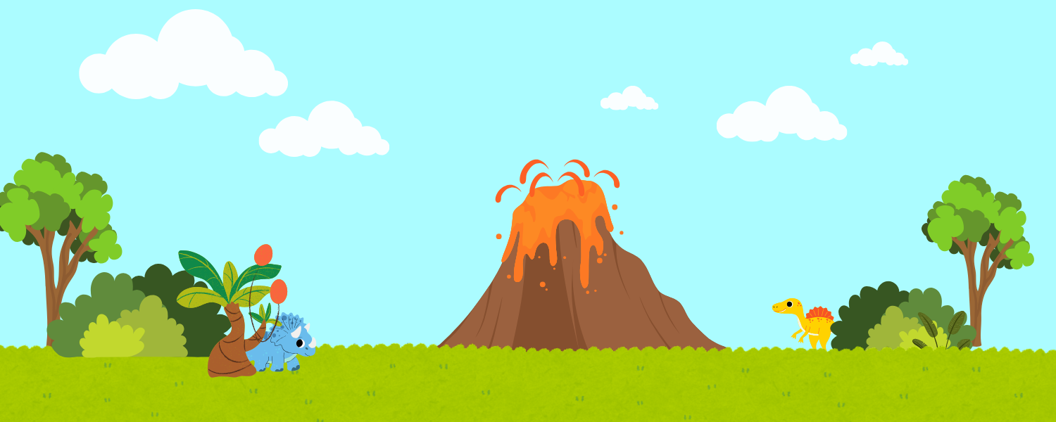 a colorful, cartoon prehistoric landscape featuring an erupting volcano
