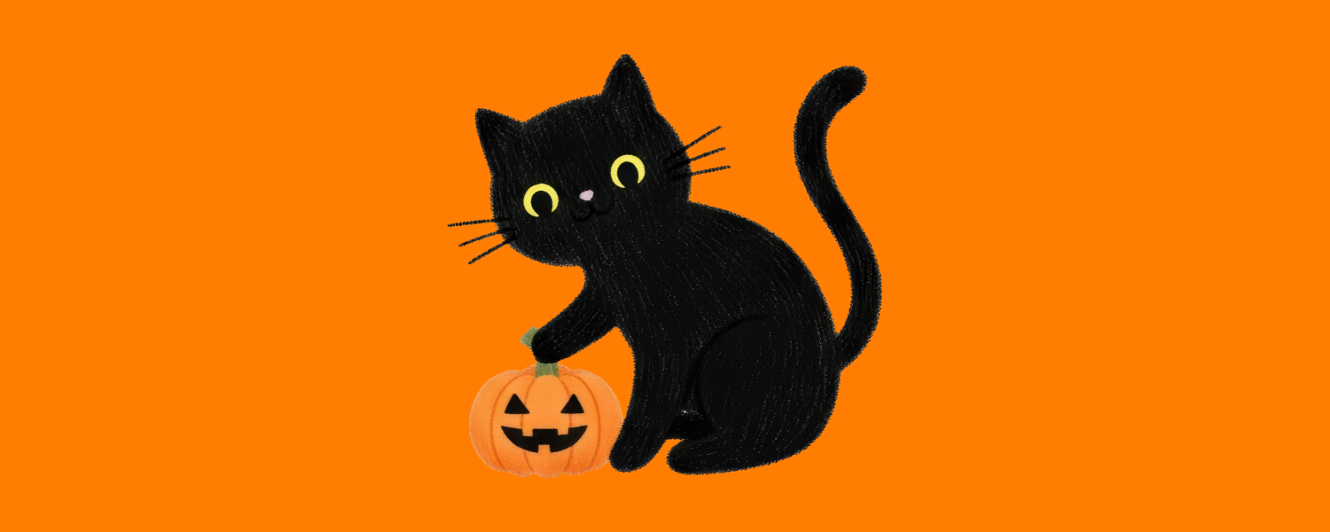 an orange background with a black cat sitting with its paw on a small jack-o-lantern in the middle