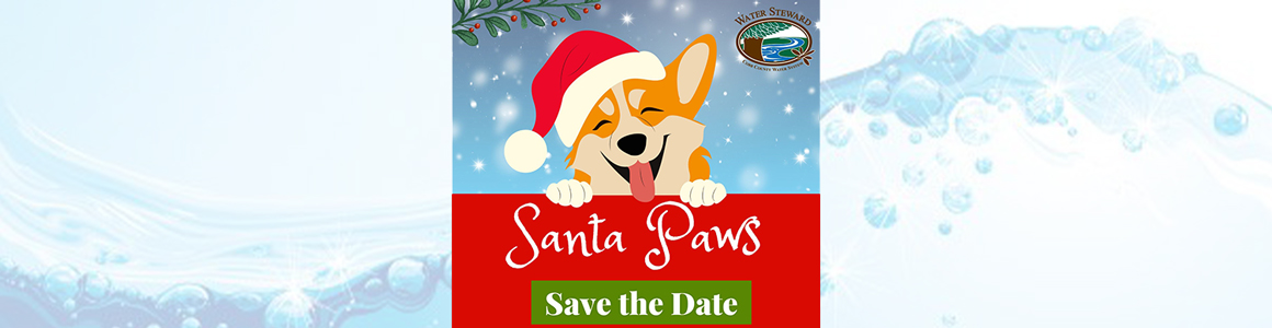 cartoon drawing of a dog holding a sign that says Santa Paws and Save the Date