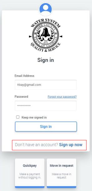 Water System customer login interface with email and password fields and sign in button