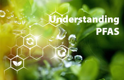 blurred out green and yellowish background with text saying "understanding PFAS"
