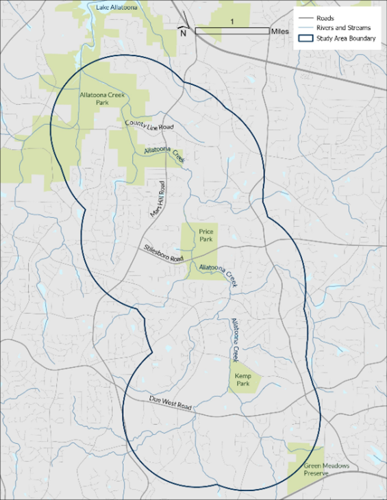 Map of the area of the Allatoona Creek Greenway Scoping Study