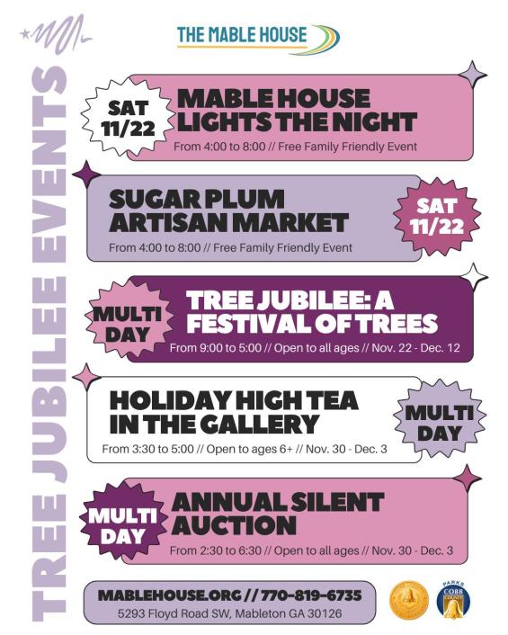 Mable House events promotional graphic with Tree Jubilee and Light the Night events