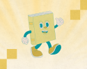 a retro cartoon of a book smiling and walking with one arm raised in hello