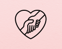 a pink construction paper background with a black line drawing of two clasping hands inside a heart in the middle 
