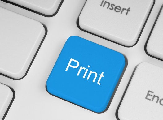 close up photograph of a computer keyboard with the central key in the keyboard being a blue key with the word 'print'