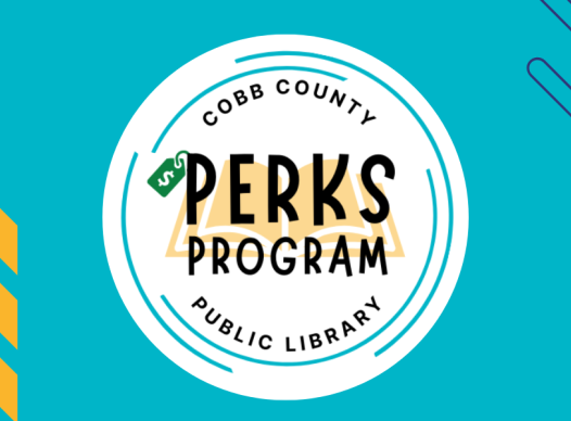 a teal background with yellow chevrons to the left and a white circle in the middle that says, "Perks Program"