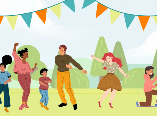 a pastel graphic of a wooded background with a variety of people dancing in the foreground