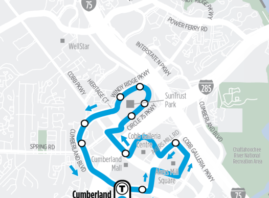A picture of the CobbLinc Blue Circulator Route on a map around Cumberland