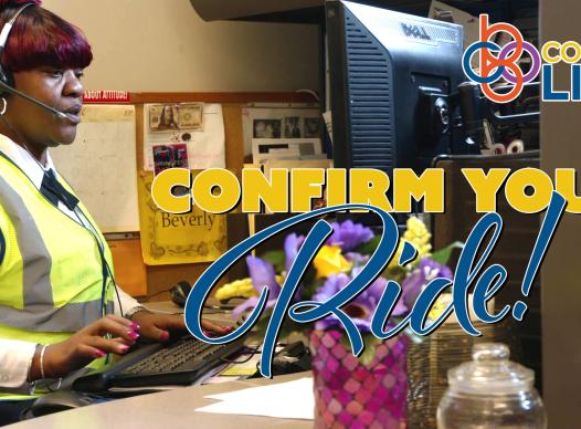 A photo of a CobbLinc Paratransit reservationist on the phone taking a call with the text "Confirm Your Ride" overlaying the image.