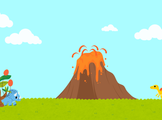 a colorful, cartoon prehistoric landscape featuring an erupting volcano