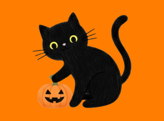 an orange background with a black cat sitting with its paw on a small jack-o-lantern in the middle