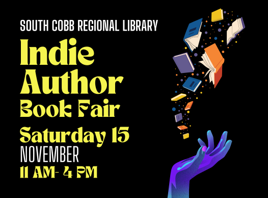 a black background with graphic of an open purple hand with books rising from the palm