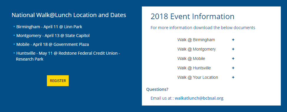 Register, National Walk at Lunch, Birmingham, Alabama,BlueCrossBlueShield, LinnPark, Dasani water, 2018, Coke Zero Sugar, Alabama Beverage Association, City of Birmingham, Diet Coke