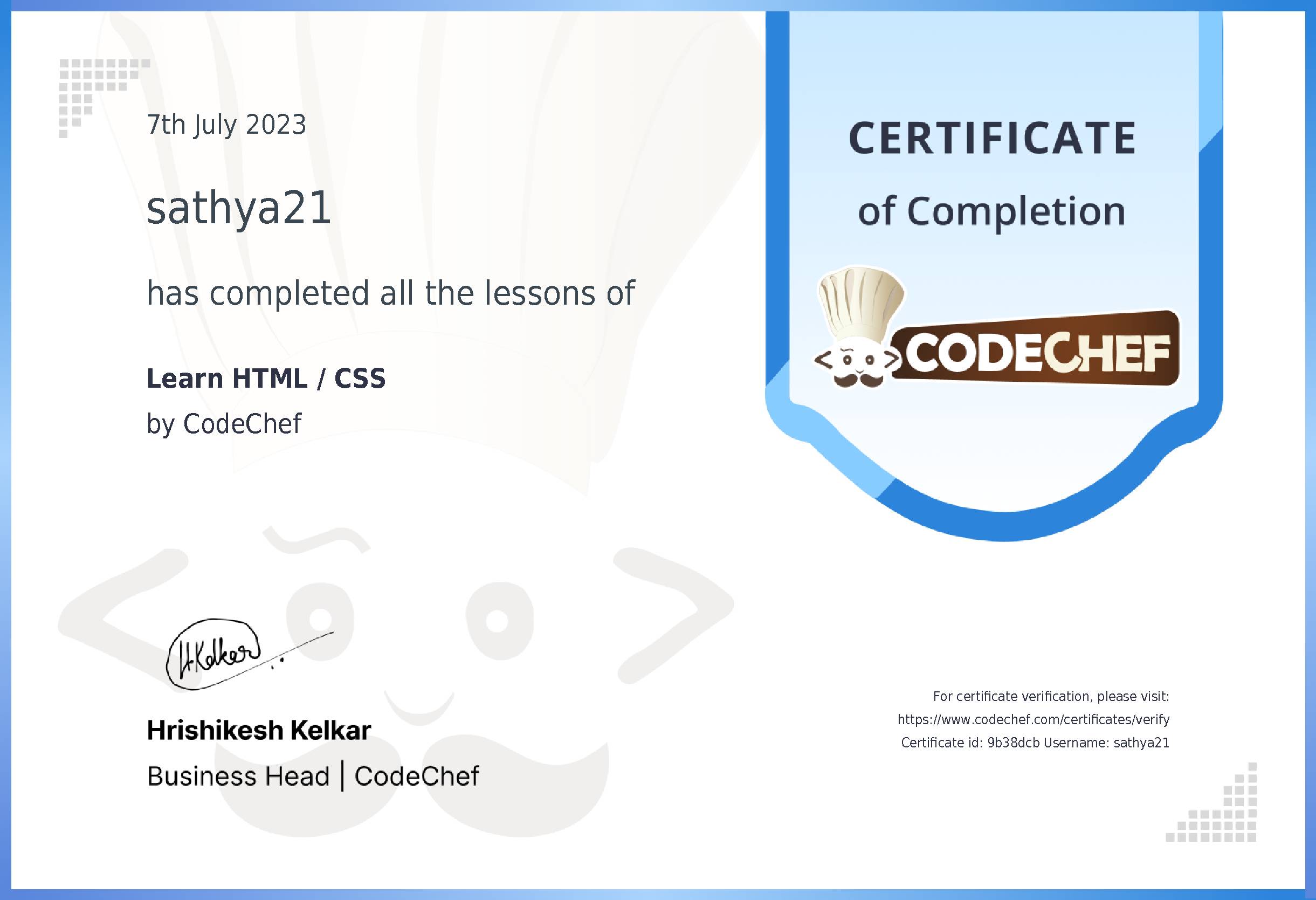 User Certificate | CodeChef