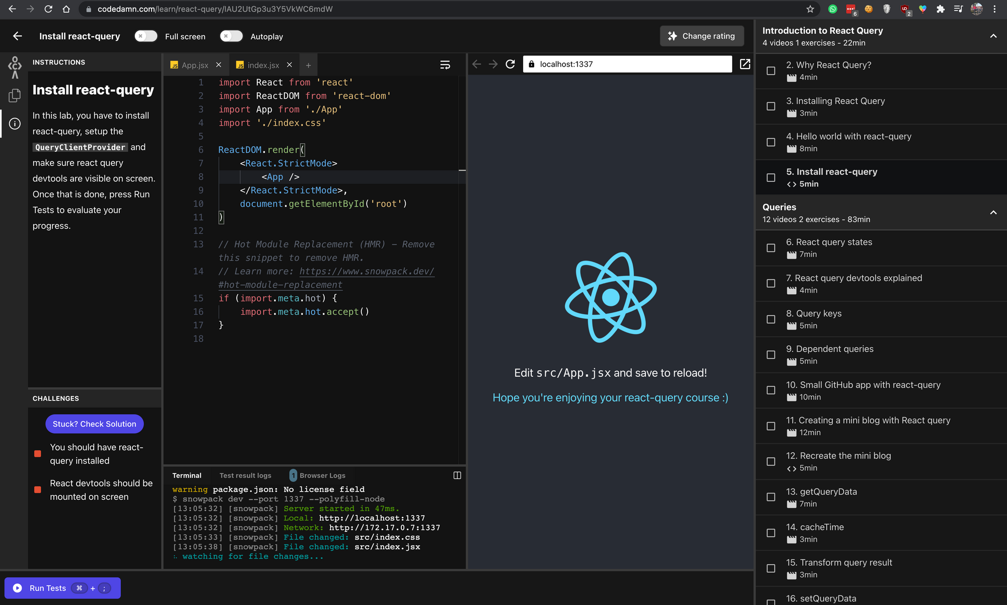 Interactive lab inside react-query course