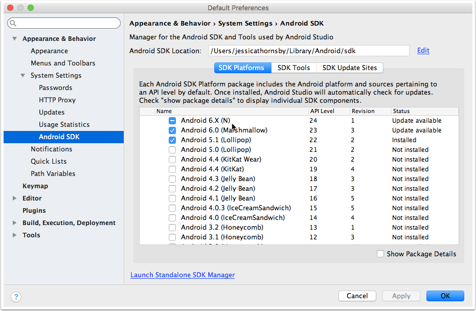 android studio sdk location window