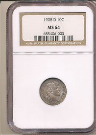1908 D 10C MS | Coin Explorer | NGC