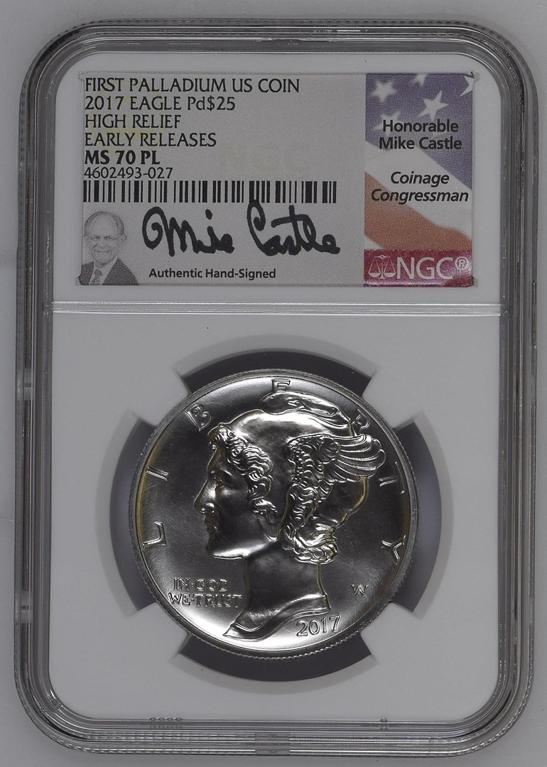 2017　パラジウム イーグル　モダン　NGC MS70ER　　E1 2017 EAGLE HIGH RELIEF Pd$25 MS | Coin Explorer | NGC