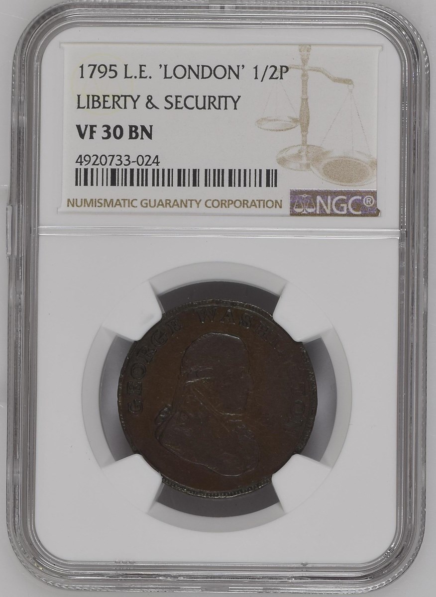 1795 L.E. 'LONDON' LIBERTY & SECURITY 1/2P MS | Coin Explorer | NGC