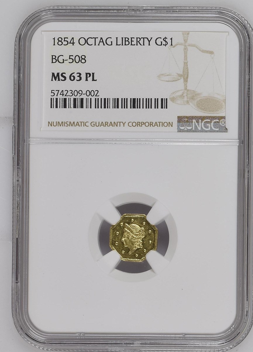 1854 OCTAG LIBERTY BG-508 G$1 MS | Coin Explorer | NGC