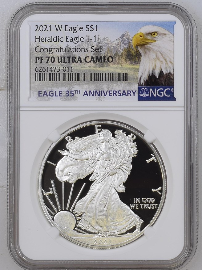 【枚数限定】2021年 アメリカンイーグル  2021 W Eagle Heraldic Eagle T-1 S$1 PF | Coin Explorer | NGC
