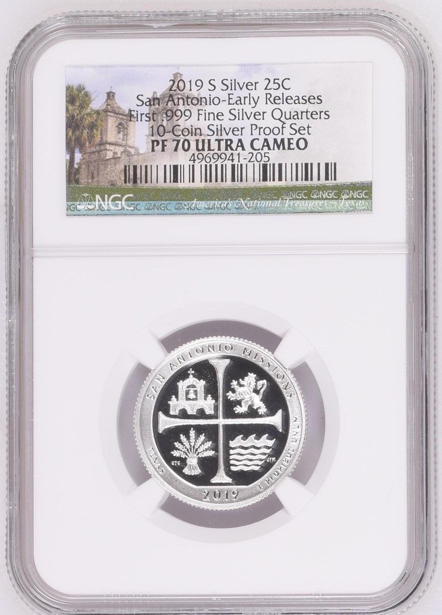 2019 S Silver San Antonio Missions 25C PF | Coin Explorer | NGC