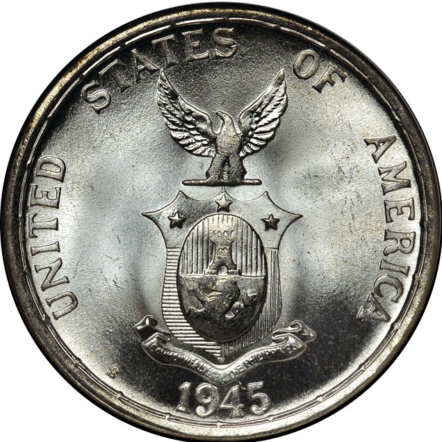 (稀少な状態) フィリピン コモンウェルス　50センタボ銀貨　1945 S Fifty Centavos 1944-1945 Commonwealth Reverse Coin Details - USA