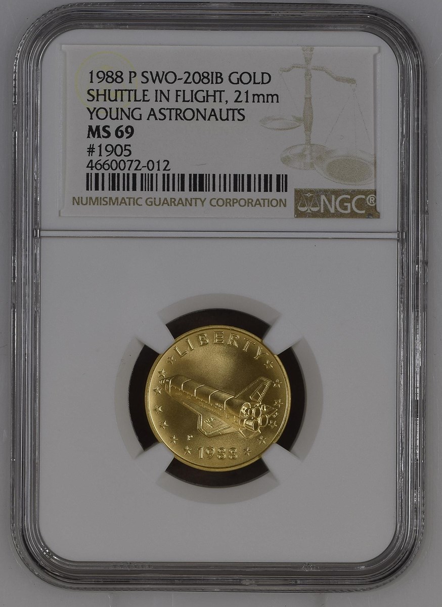 1988 P SWO-208IB SHUTTLE IN FLIGHT, 21mm GOLD MS | Coin Explorer | NGC