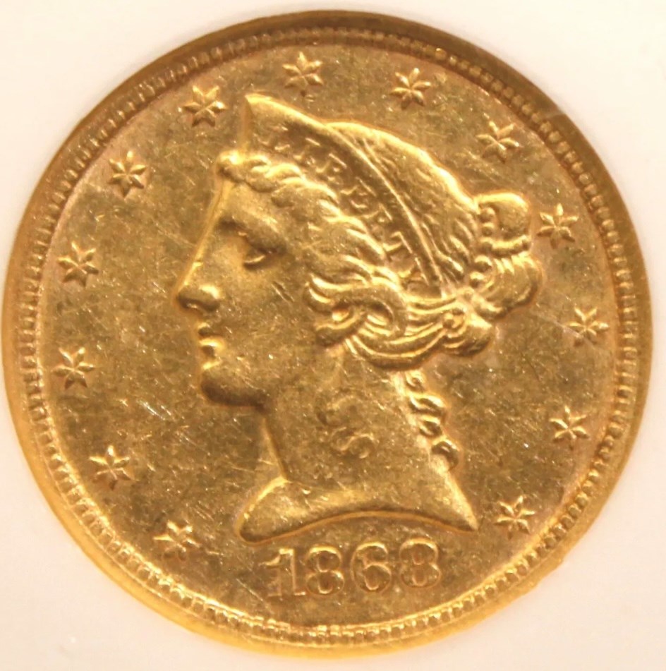 【スラブ入り，NGC鑑定品】1868年 記念硬貨 郵便馬車 1868 S $5 MS | Coin Explorer | NGC