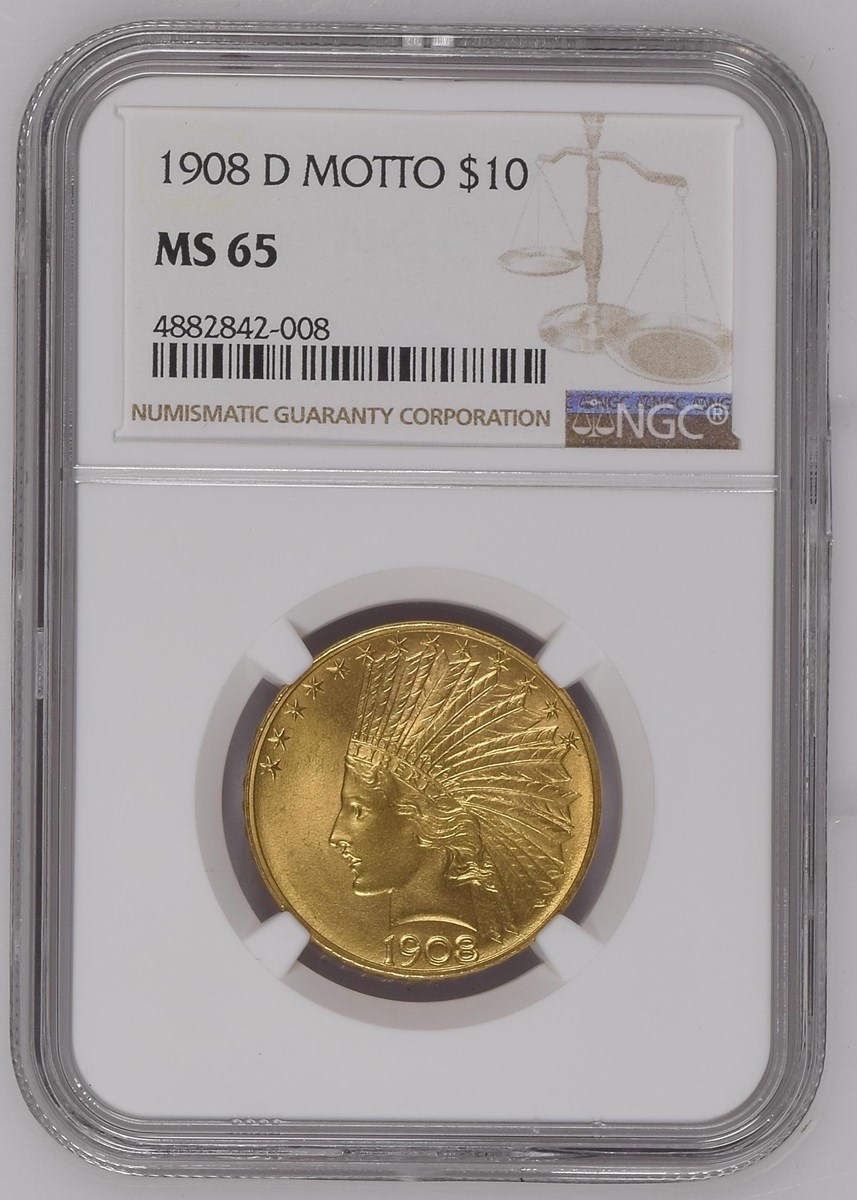1908 D MOTTO $10 MS | Coin Explorer | NGC