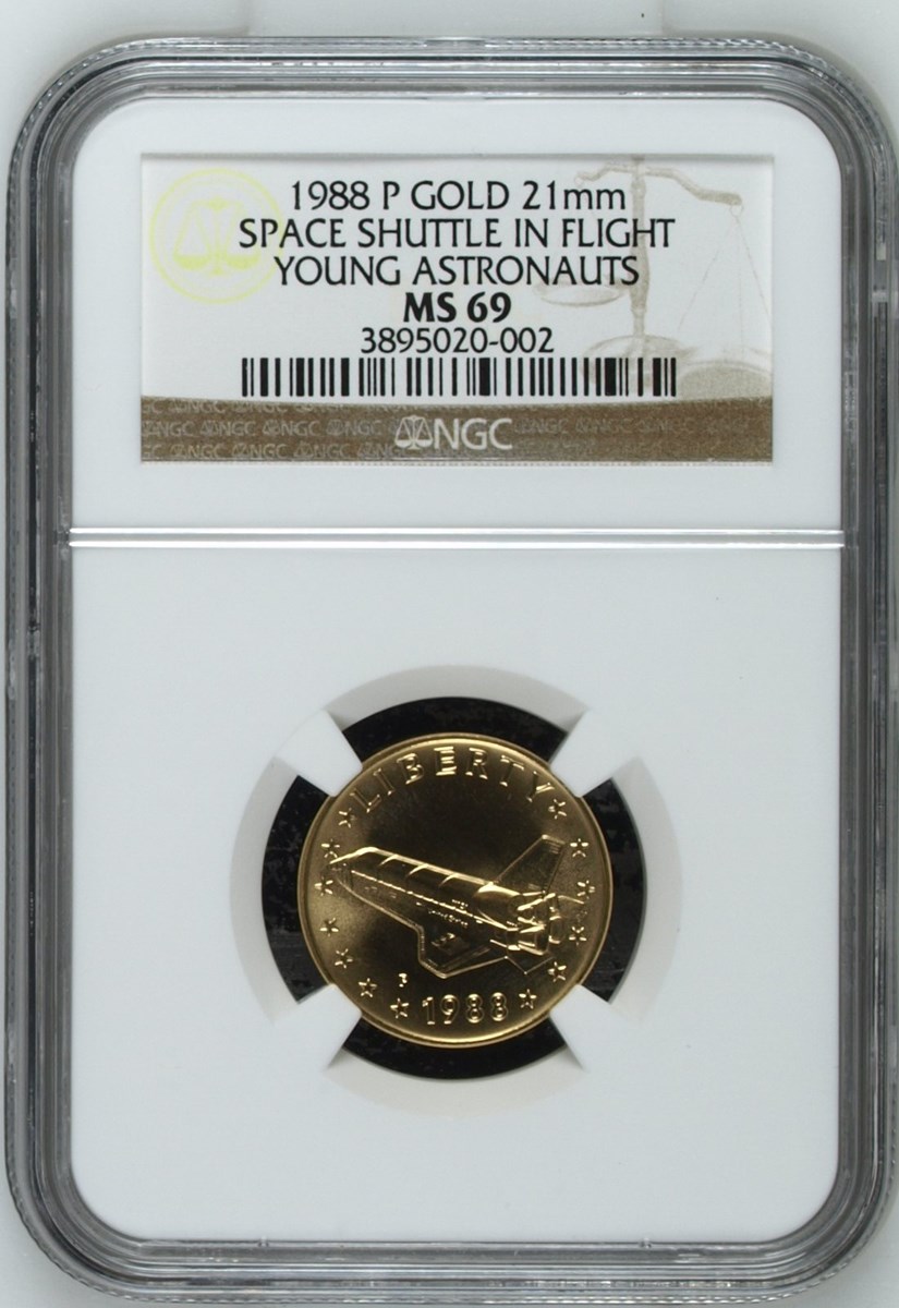 1988 P SWO-208IB SHUTTLE IN FLIGHT, 21mm GOLD MS | Coin Explorer | NGC