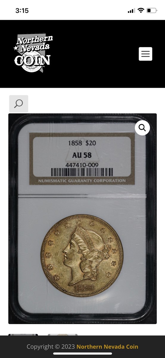 1858 $20 MS | Coin Explorer | NGC