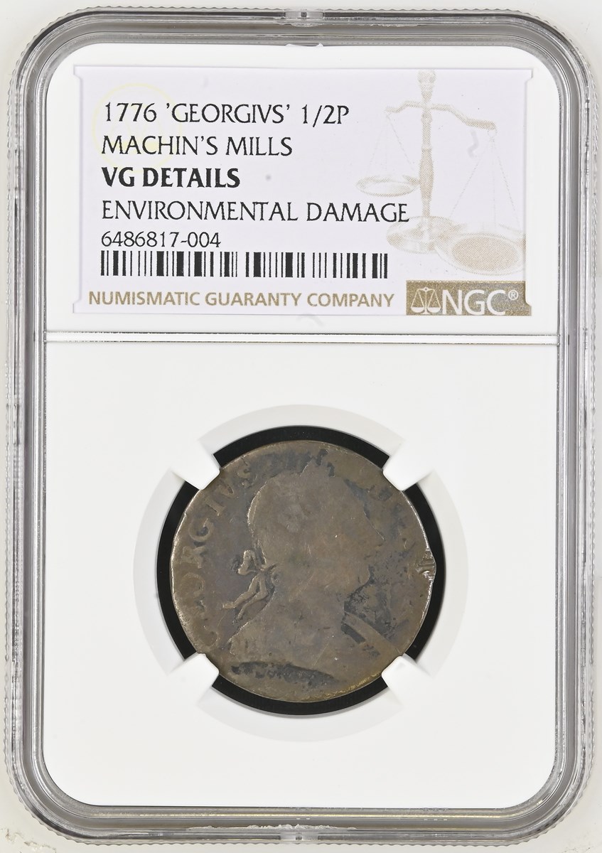 1776 'GEORGIVS' MACHIN'S MILLS 1/2P MS | Coin Explorer | NGC
