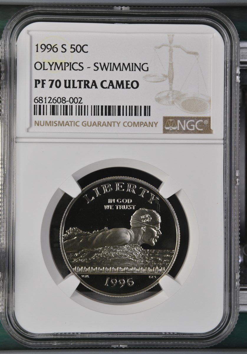 1996 S OLYMPICS - SWIMMING 50C PF | Coin Explorer | NGC