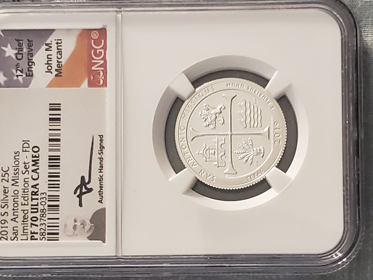 2019 S Silver San Antonio Missions 25C PF | Coin Explorer | NGC