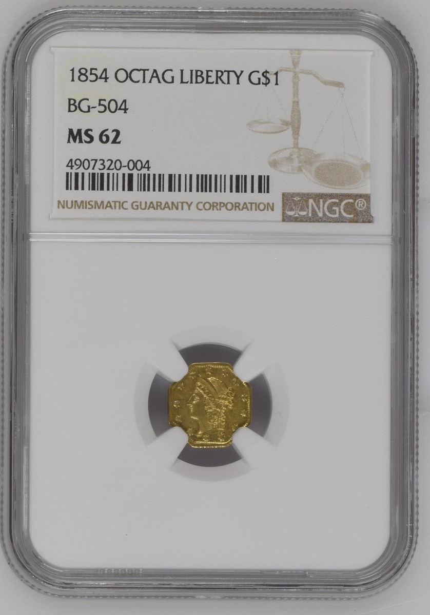 1854 OCTAG LIBERTY BG-504 G$1 MS | Coin Explorer | NGC