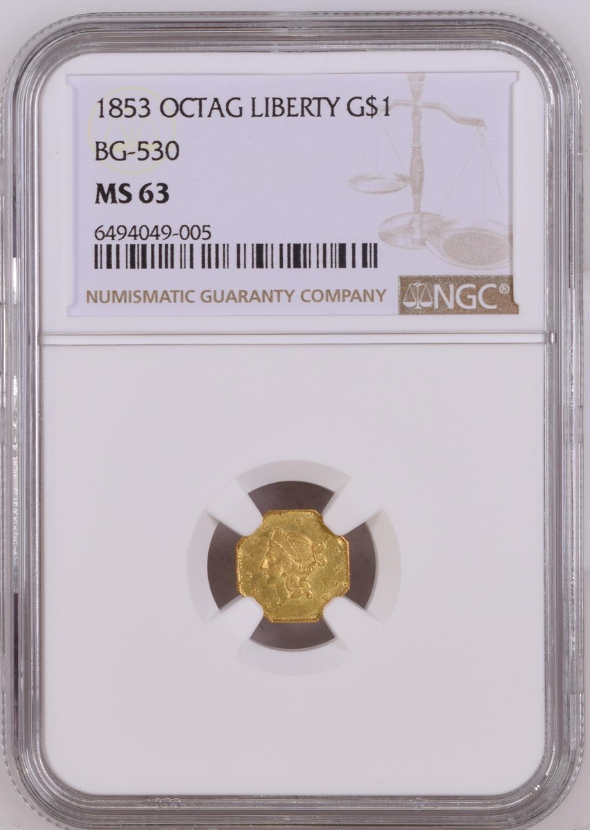 1853 OCTAG LIBERTY BG-530 G$1 MS | Coin Explorer | NGC