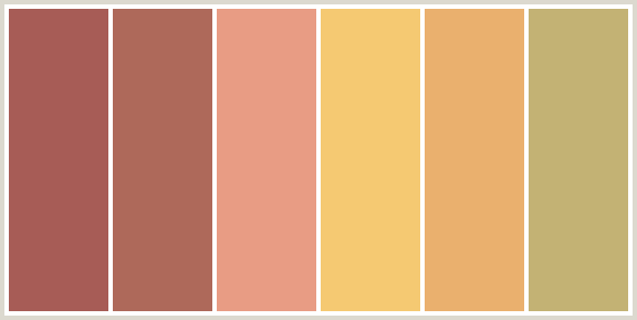 ColorCombo1070 with Hex Colors #A75C56 #AE695A #E89C84 #F5C972 #EAB06E ...