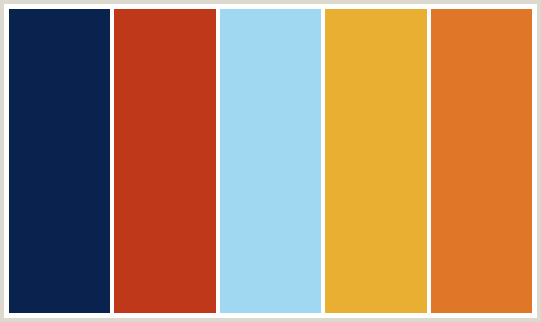 ColorCombo416 with Hex Colors #0A224E #BF381A #A0D8F1 #E9AF32 #E07628