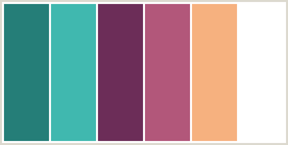 ColorCombo6344 with Hex Colors #257E78 #40B8AF #6C2D58 #B2577A #F6B17F ...
